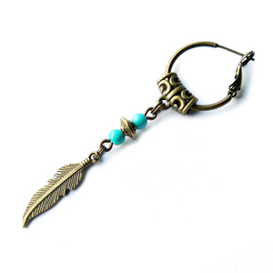 Native American Indian Bronze and Turquoise Feather Earring for Men - Single Pirate Style Hoop Earrings - Dangle Punk Men's Earring Single - Hippie Style Men's Earring