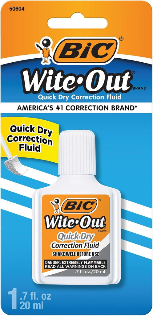 BIC Wite-Out quick dry correction fluid packaging on a blue background