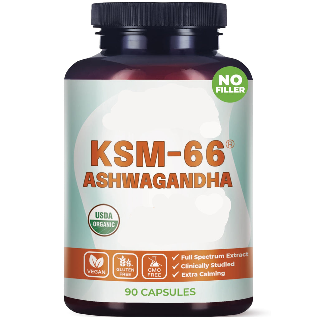 Bottle of KSM-66 Ashwagandha capsules with 'Why Not Natural' branding on a white background
