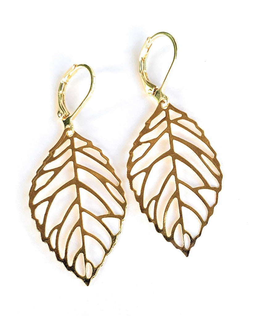 Gold Filigree Leaf Earrings for Women on 14K GF Leverbacks Handmade in USA by Darlene's Gift Shop