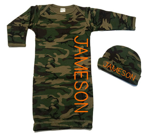 Camo Monogram Layette & Hat Set, Custom Camouflage Newborn Baby Going Home Outfit, Size 0-3 Months