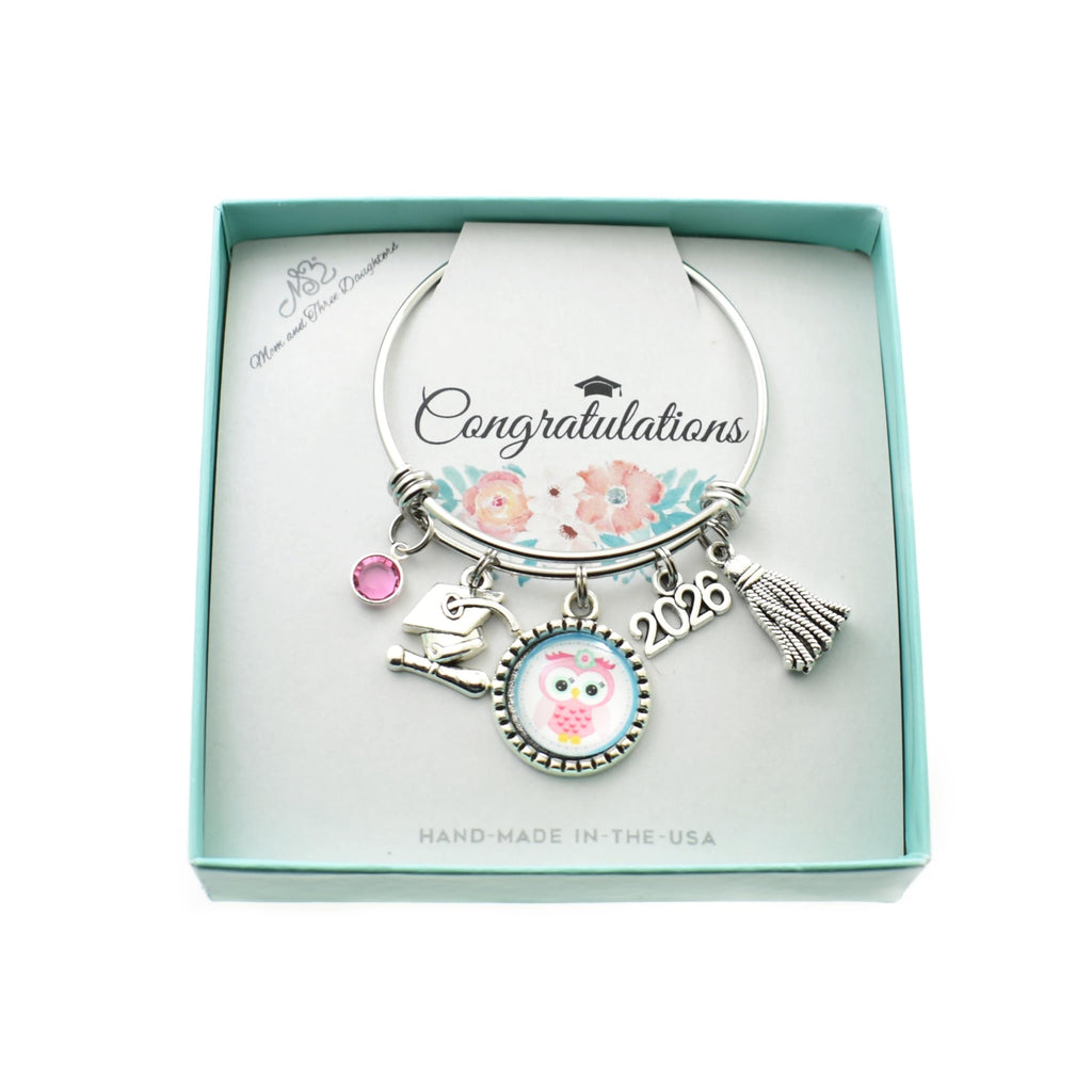 MOM & THREE DAUGHTERS Kindergarten or Preschool Graduation Bangle Bracelet Stainless Steel | 2026| 50mm Size - Pink Owl Cabochon- Pink Birthstone
