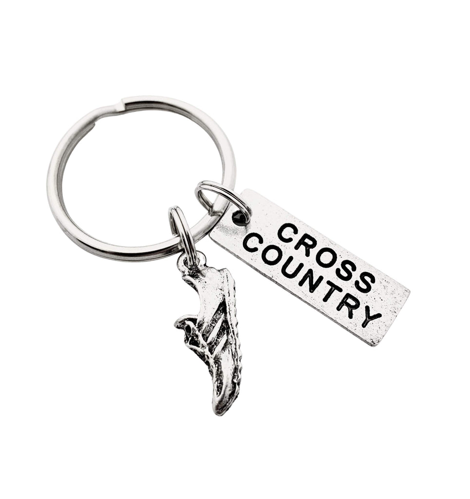 Pewter CROSS COUNTRY Key Chain - Running Shoe Charm and Pewter Cross Country Pendant on Round Key Ring - All Pewter Key