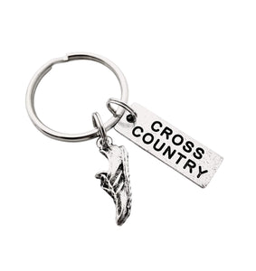 Pewter CROSS COUNTRY Key Chain - Running Shoe Charm and Pewter Cross Country Pendant on Round Key Ring - All Pewter Key