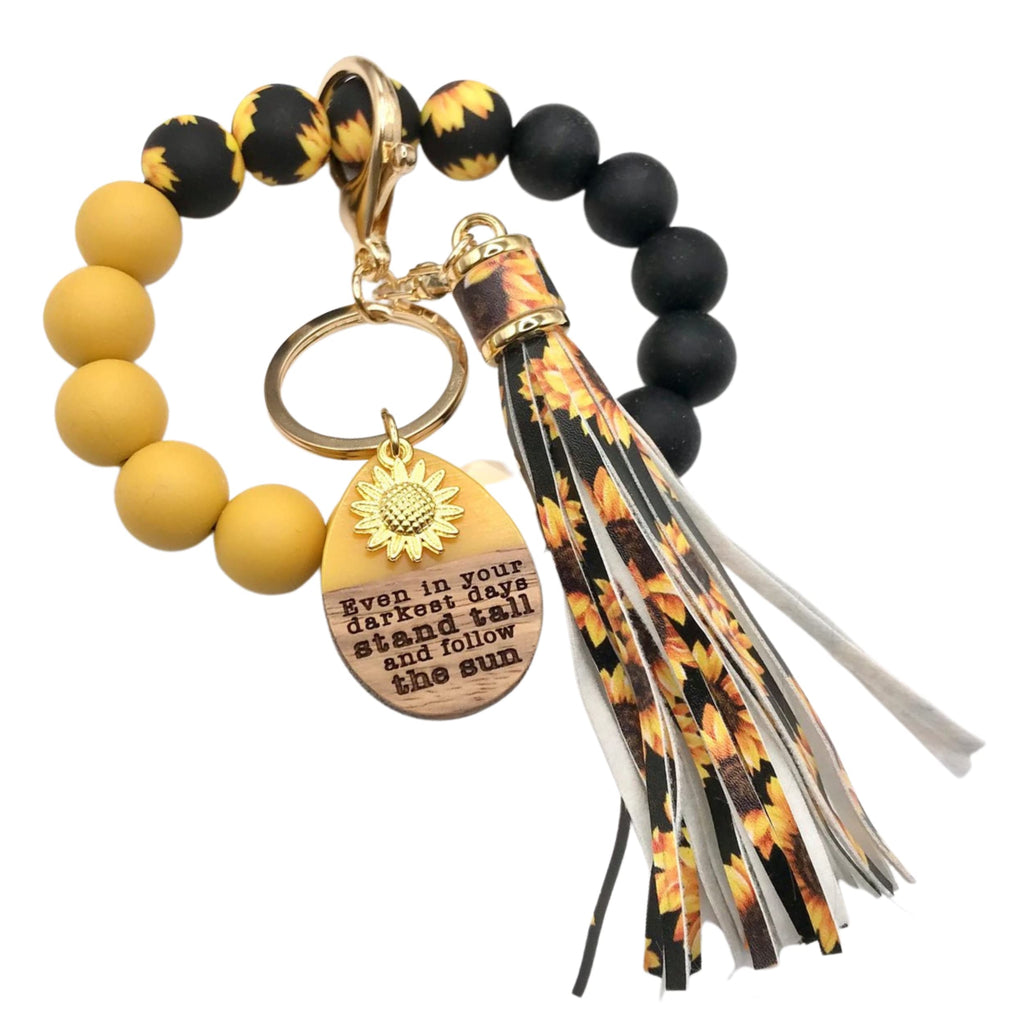 Pammytail Sunflower Wristlet Keychain Silicone Bead with Engraved Pendant and Gold Sunflower Charm