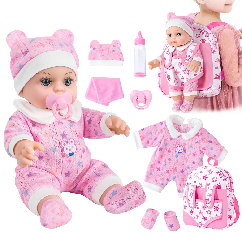 12" Baby Doll in Gift Box with Pink Backpack, Cloths, Feeding Bottle and Pacifier, First Baby Dolls for Toddlers 3 Years and Up