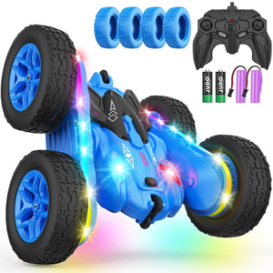 Remote Control Car, Rc Cars Stunt Kids Toys New Upgraded Strip Lights and Headlights Double-Sided 360° Rotating 4WD Drift Truck for Boys Girls Birthday Gift (Blue)