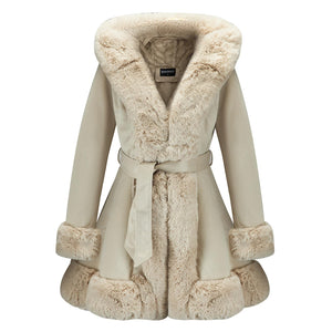 GRAN ORIENTE Suede Jacket for Women with Faux Fur Collar,Long Sleeve Warm Winter Parka Coat with Belt Outerwear