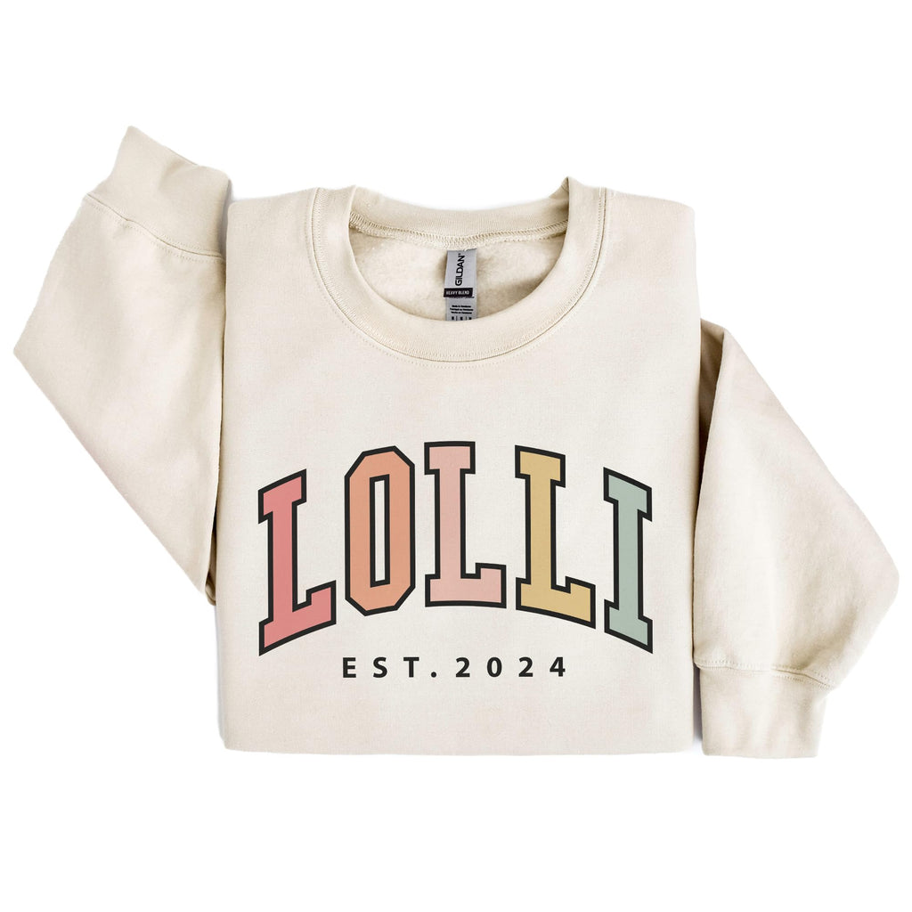 Retro Lolli Est Sweatshirt, Custom Gift For Mom, New Grandma To Be Shirt, Pregnancy Announcement, Best Favorite Lolli, Unisex Crewneck Sweatshirt Sand