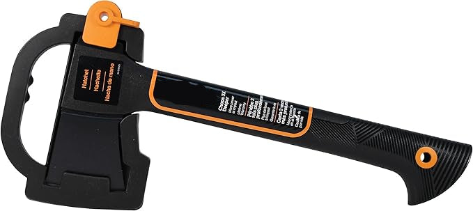 Fiskars axe with black handle and orange accents on a white background