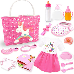 BNUZEIYI Baby Doll Accessories - Feeding and Caring Set With Diaper Bag, Bottles for Girls Toys Gift, Stuff Clothes Fit 14-16 Inch and 18 Inch Dolls