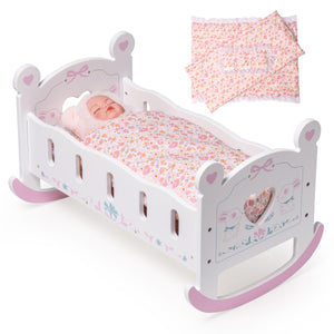 ROBOTIME Wooden Baby Doll Crib, Doll Cradle Bed for 18-24 Inch Dolls, Baby Doll Crib Set with Blanket and Pillow, Toy Doll Bed for Girls Ages 3+