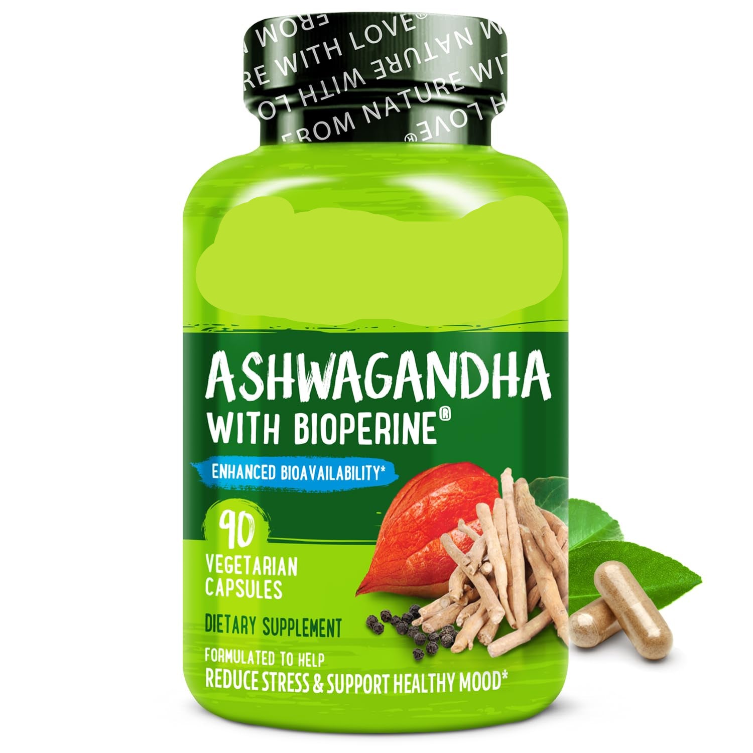 Green supplement bottle labeled 'Naturelo Ashwagandha with Bioperine' on a white background