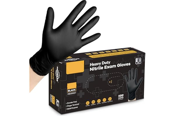 Black nitrile exam glove with a box labeled 'Heavy Duty Nitrile Exam Gloves' on a white background.