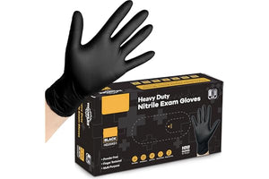 Black nitrile exam glove with a box labeled 'Heavy Duty Nitrile Exam Gloves' on a white background.