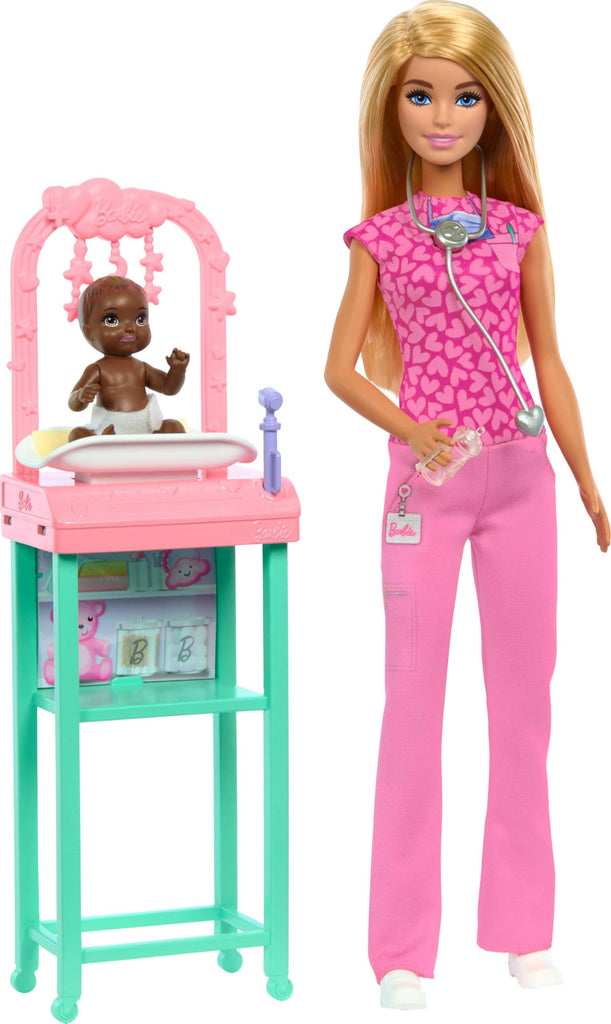 Barbie Baby Doctor with Blonde Fashion Doll Wearing Pink Scrubs, 1 Baby Doll with Accessories & Furniture