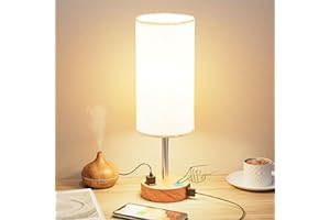 Fenmzee Bedside Table Lamp for Bedroom - 3 Way Dimmable Touch Lamp USB C Charging Ports and AC Outlet, Small Lamp Wood Base Round Flaxen Fabric Shade for Living Room, Desk, LED Bulb Included