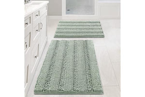 H.VERSAILTEX Sage Bathroom Rugs, Bath Mat Set of 2 Extra Thick Chenille Striped Pattern Shaggy Bath Rugs for Bath Room, Non Skid Bath Mats for Bathroom Floor (32 x 20 Plus 24 x 17 - Inches)