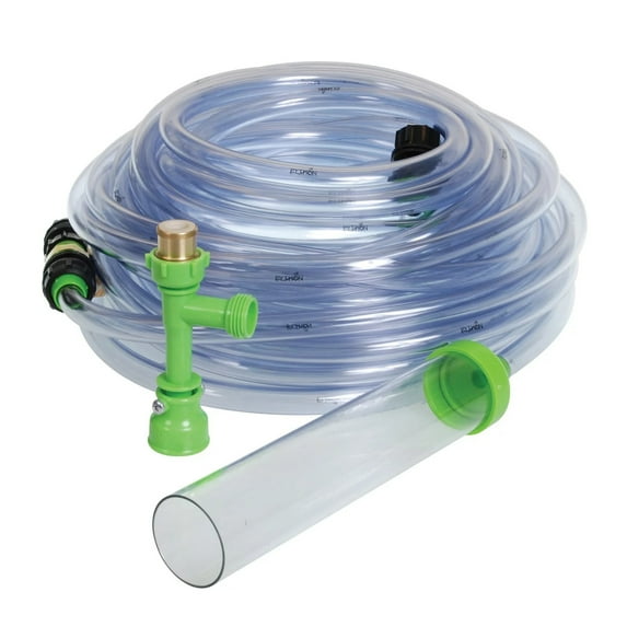 Clear garden hose with green connectors on a white background