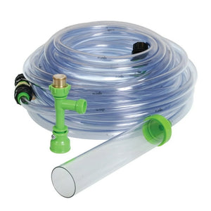 Clear garden hose with green connectors on a white background