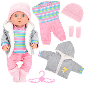 5 Pieces Baby Doll Clothes & Accessories with Outfit, Hat, Coat, Socks, Hanger for 14-16 inch Baby Dolls and 18 Inch Girl Doll(Doll NOT Include)