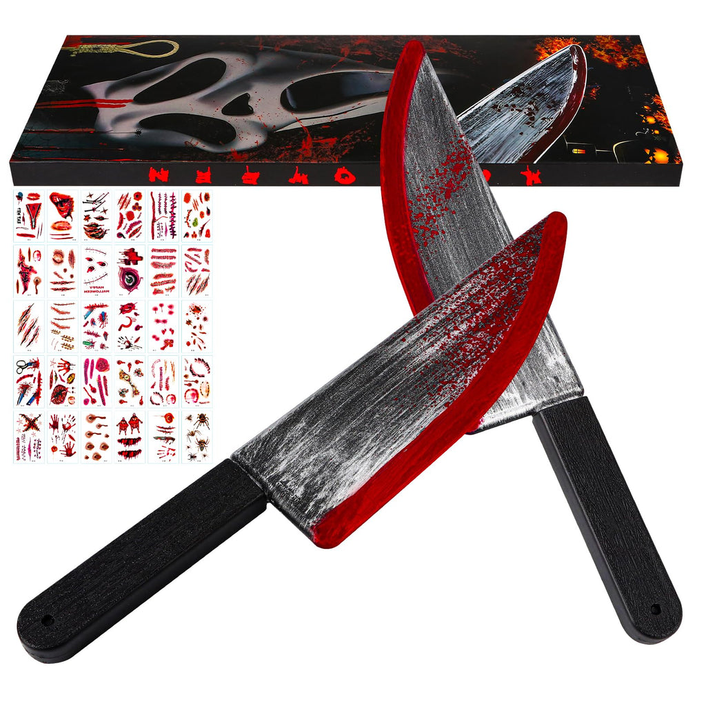 2Pcs Fake Chucky Knife with 30pcs Tattoo Stickers,Halloween Bloody Ghostface Props Toy Knife Set Horror Movie Scream Props Knife Scary for Halloween Costume Cosplay Accessories and Makeup Parties