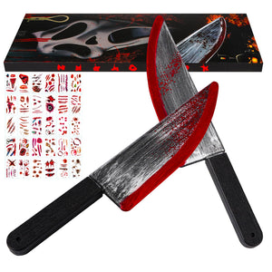 2Pcs Fake Chucky Knife with 30pcs Tattoo Stickers,Halloween Bloody Ghostface Props Toy Knife Set Horror Movie Scream Props Knife Scary for Halloween Costume Cosplay Accessories and Makeup Parties