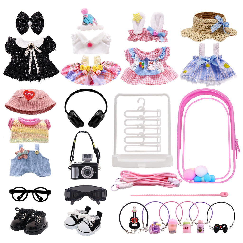 Clothes for Labubu, 23-piece Clothes and Accessories Set Designed for Labubu Doll Clothes, Includes Display Bag, Clothes Rack, Headphones, Camera, Glasses, Shoes, and 6 Mini Accessories - Style B