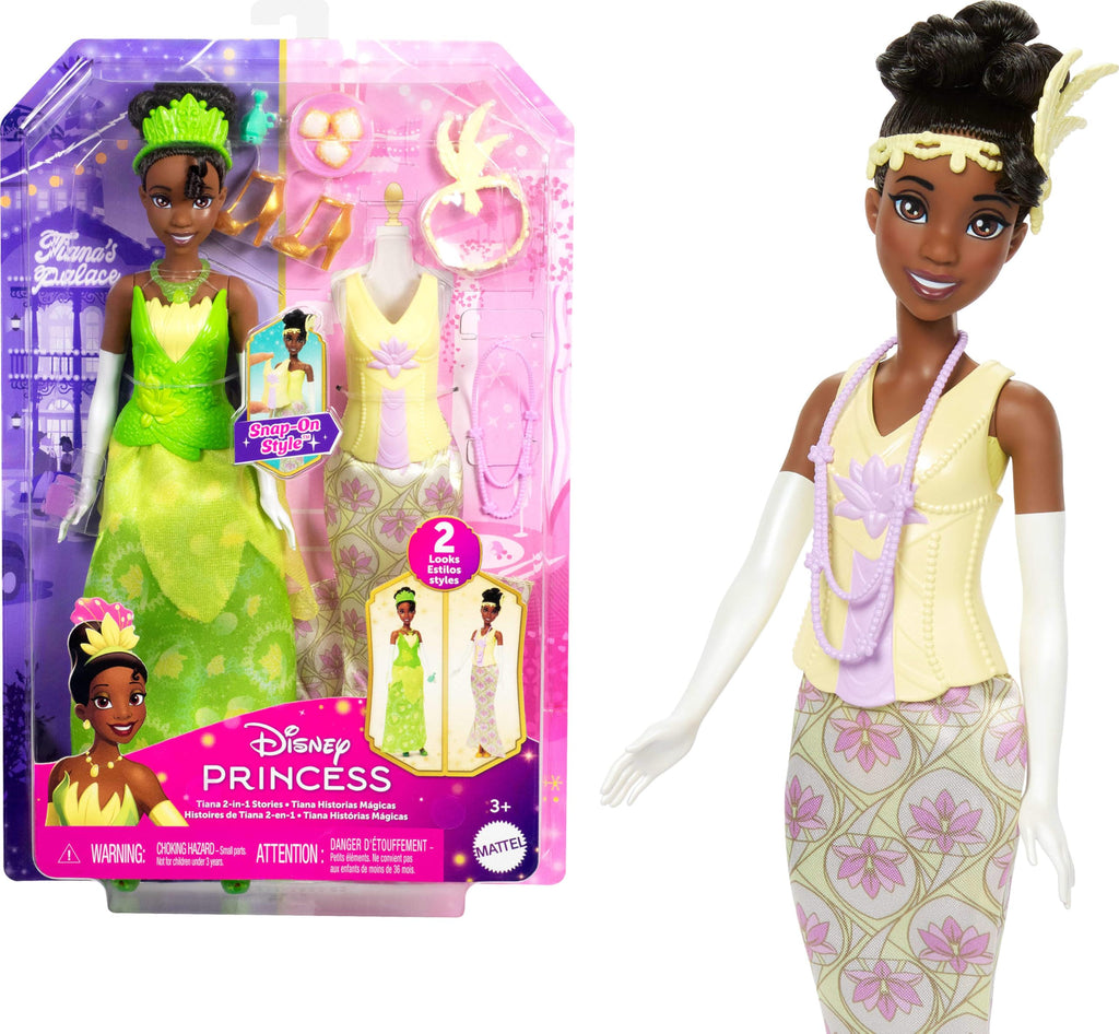 Mattel Disney Princess Toys, Tiana Fashion Doll with 2 Looks, 9 Accessories, 2 Snap-On Bodices & 2 Skirts, 2-in-1 Stories Inspired by Disney Movie