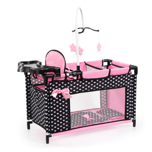 Bayer: Multi Bed - Black, Pink, Hearts - Accessory Set for Dolls Up to 18", Built-in High Chair, 3 Hangers, Pillow, Blanket, Kids Ages 3+