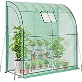 7' x 3' x 7' Lean to Greenhouse, Walk in Green House, Plant Nursery with 2 Roll up Doors and Windows, PE Cover and 3 Wire Shelves, Green