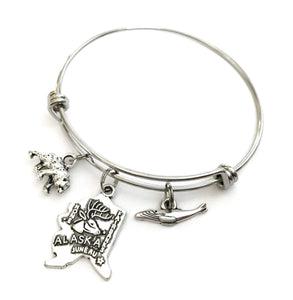 Alaska inspired theme bracelet. Includes State of Alaska, Grizzly Bear, and Humpback Whale charms. Alaskan gift. Alaska Jewelry Keepsake Adjustable Bangle. Alaska Charm Bracelet
