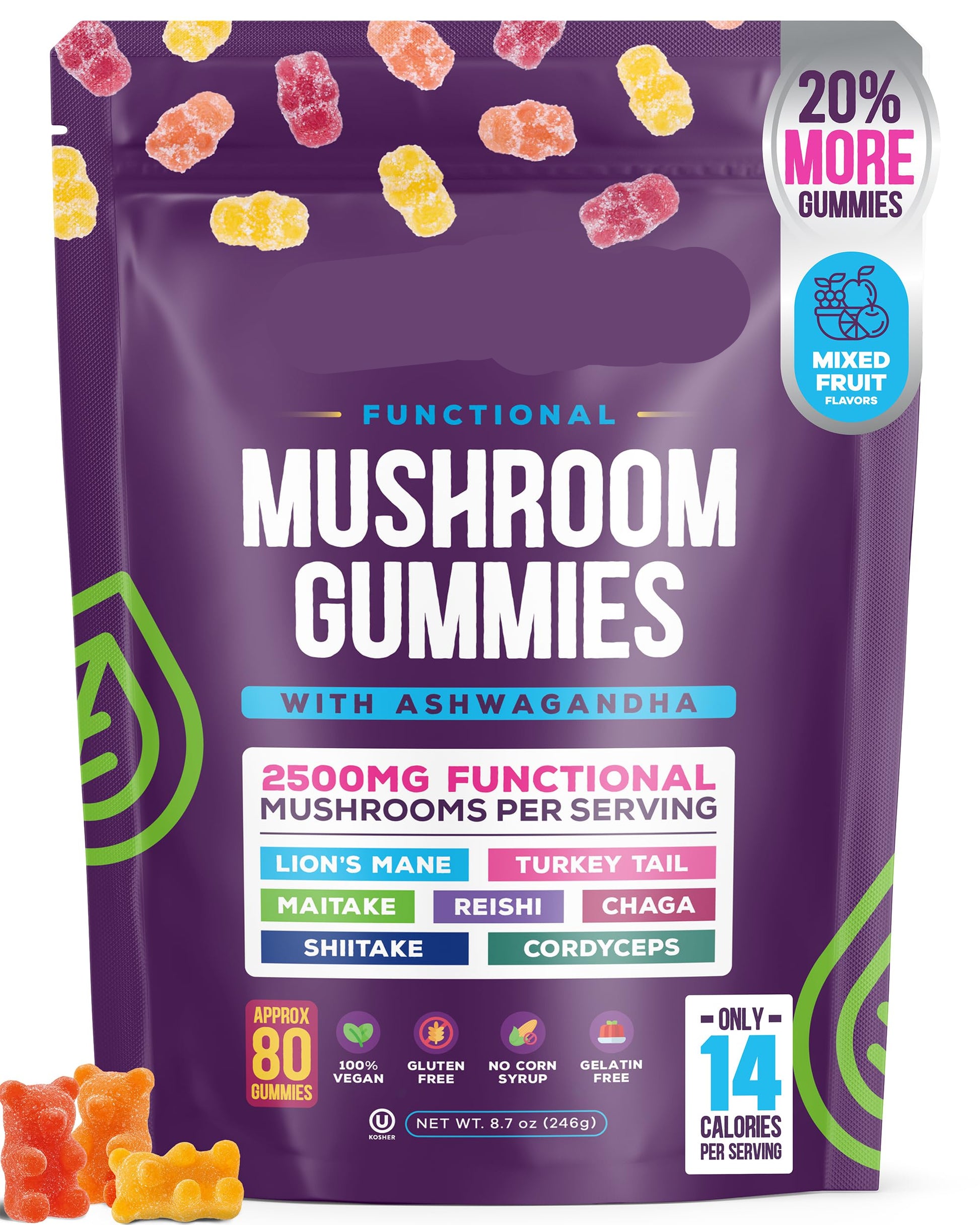 Purple package of Mushroom Gummies with text and graphics on a white background