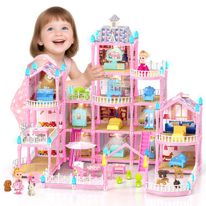 Doll House for Girls, Dream Dollhouse 4-Story 15 Rooms with 2 Dolls, Lights, Animals, Furniture and Accessories, Pretend-Play Toddler Playhouse Gift for 3 4 5 6 7 8 9 10+ Year Old Girls Toys