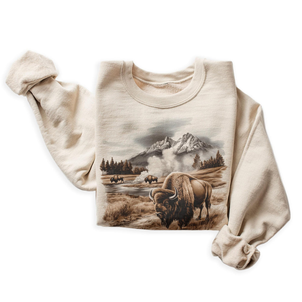 Vintage Bison Wilderness Scene Sweatshirt - 90s Vintage Buffalo Sweatshirt - Scenic Winter Mountain Geyser Basin Nature Sweater - Unisex Graphic Crewneck Sweatshirt