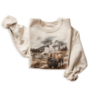 Vintage Bison Wilderness Scene Sweatshirt - 90s Vintage Buffalo Sweatshirt - Scenic Winter Mountain Geyser Basin Nature Sweater - Unisex Graphic Crewneck Sweatshirt