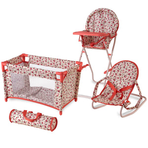 Floral Baby Doll Accessories Set, 3-1 Baby Doll Crib, Baby Doll High Chair & Bouncer Seat. 18 inch Doll Accessories with Doll Bed. 18" Dolls Furniture Play Stuff. Toys for Girls Ages 3-5,4-6,5-7,8-10