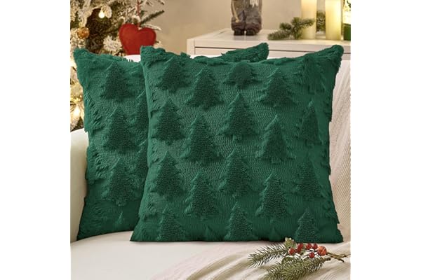 MIULEE Christmas Throw Pillow Covers Dark Green Christmas Decorations Set of 2 Xmas Tree 18x18 Pillow Covers Soft Plush Faux Wool Pillowcases Holiday Festivals Winter Home Decor Sofa Couch Bed Porch