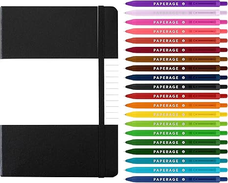 Black lined notebook with colorful markers on a white background, featuring the brand 'PAPERAGE'.