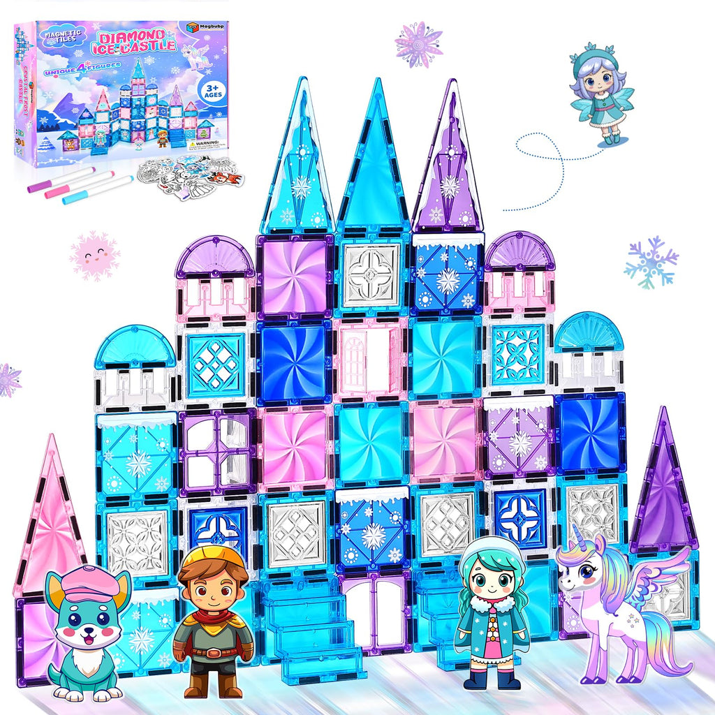Princess Castle Magnetic Tiles 112PCS with 4 Dolls 2 Stairs & Magnetic Art Decors Kit, Diamond Blocks Magnet Tiles for Kids 3-5 4-8-12, Magnet STEM Princess Toys for 3 4 5 6 7 8+ Girls Kids Xmas Gifts