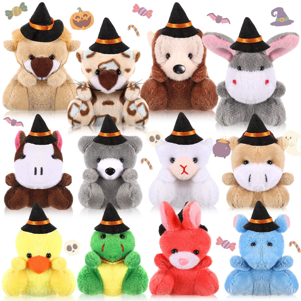 12 Pcs Halloween Mini Stuffed Animal Toys Small Plush Animal with Witch Hat Stuffed Mini Halloween Plush Doll for Party Decorations Exchange Gifts Party Favors Bag Fillers