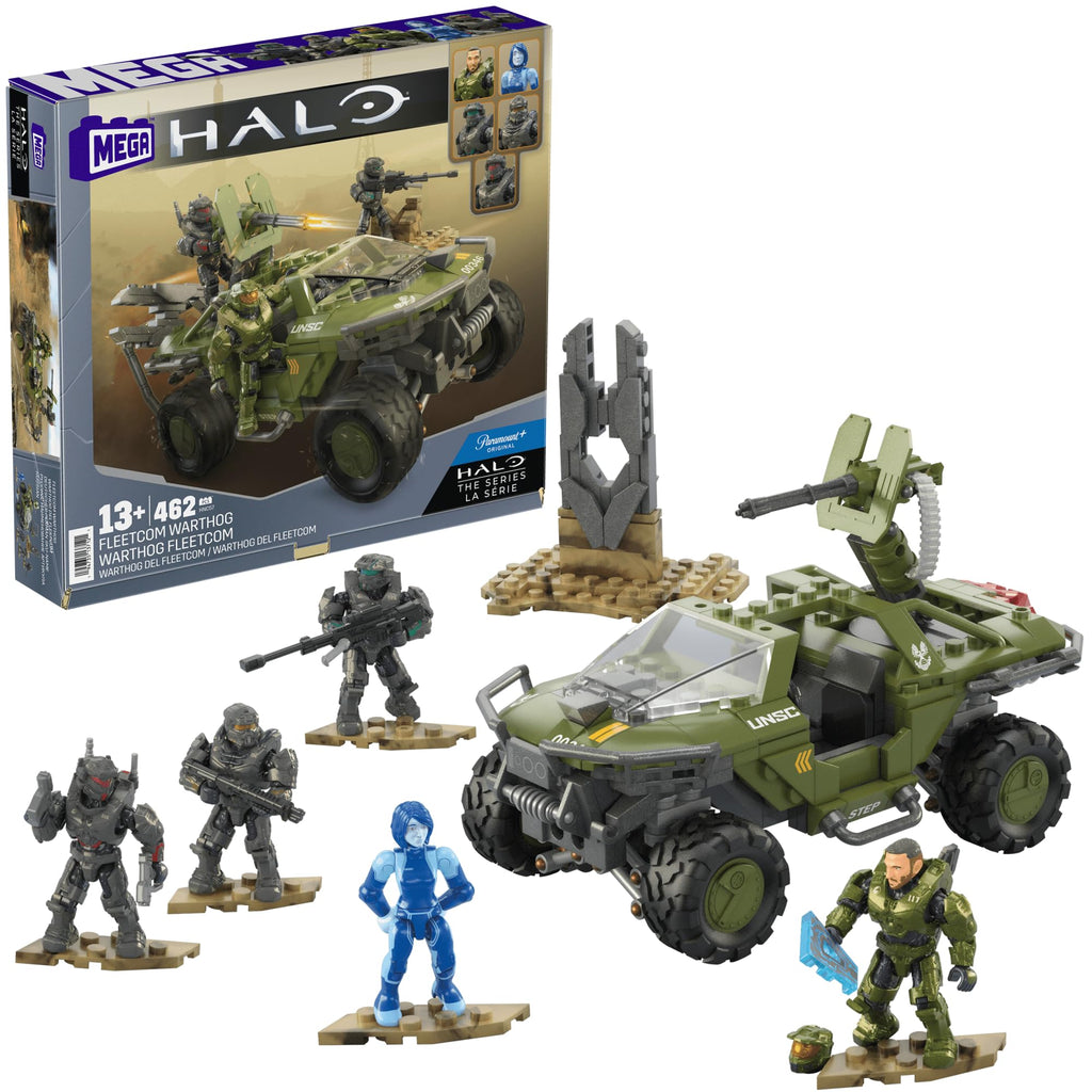 MEGA Halo The Series Vehicle Building Toys Set, FLEETCOM Warthog ATV with 469 Pieces, 5 Micro Action Figures, Poseable Articulation, Kids and Fans