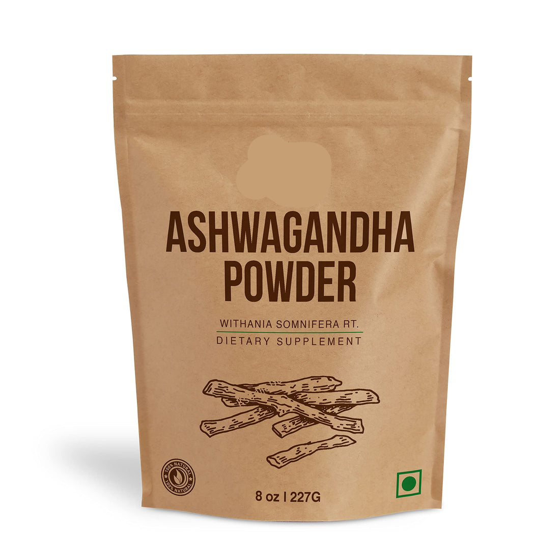 Brown package of MB Herbals Ashwagandha Powder on a white background