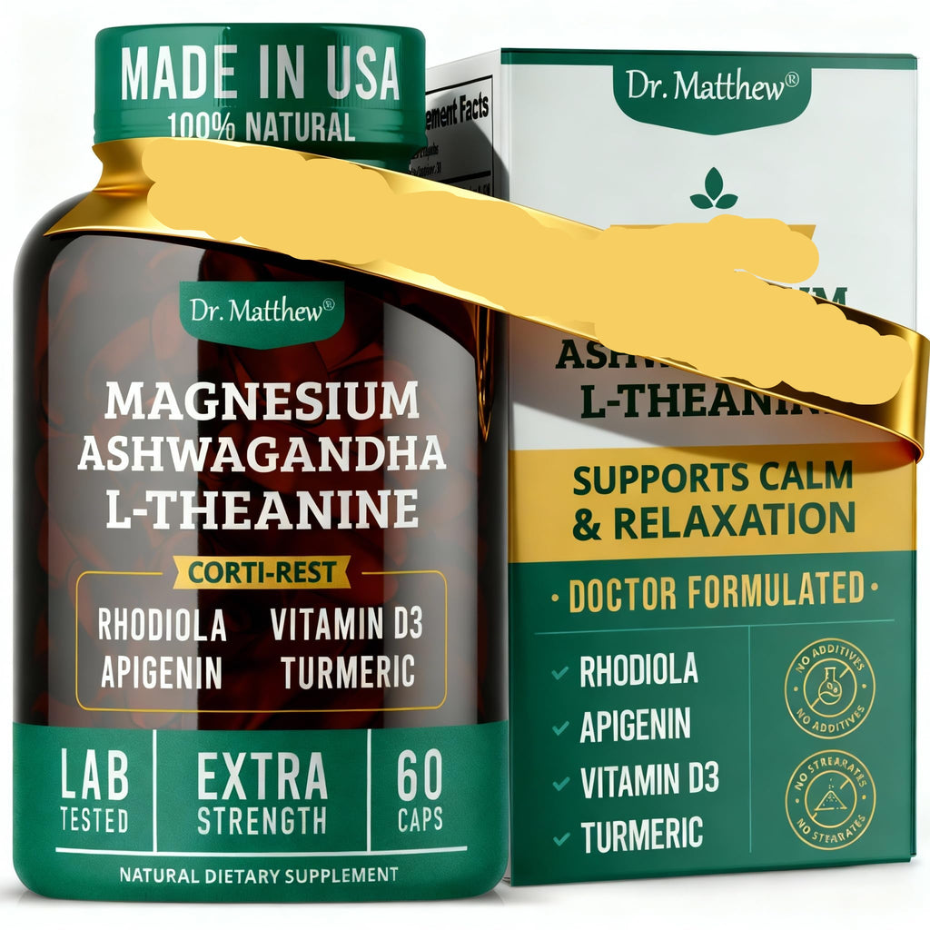 Dr. Matthew Cortisol Reducer supplement bottle and packaging on a white background