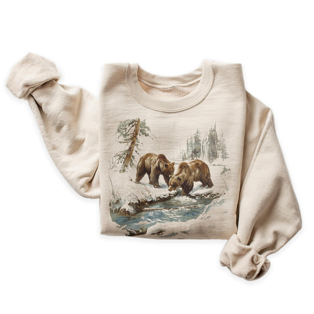 Vintage Grizzly Bear Wilderness Scene Sweatshirt - 90s Vintage Brown Bear Sweatshirt - Scenic Winter Nature Sweater - Unisex Graphic Crewneck Sweatshirt