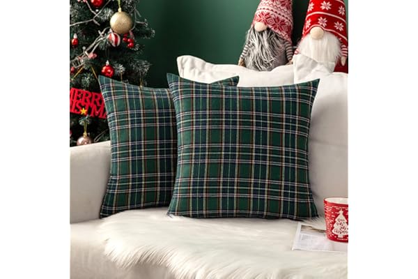 MIULEE Christmas Set of 2 Scottish Tartan Plaid Throw Pillow Covers Farmhouse Classic Decorative Outdoor Square Cushion Cases for Decor Sofa Couch 18x18 Inch, Green