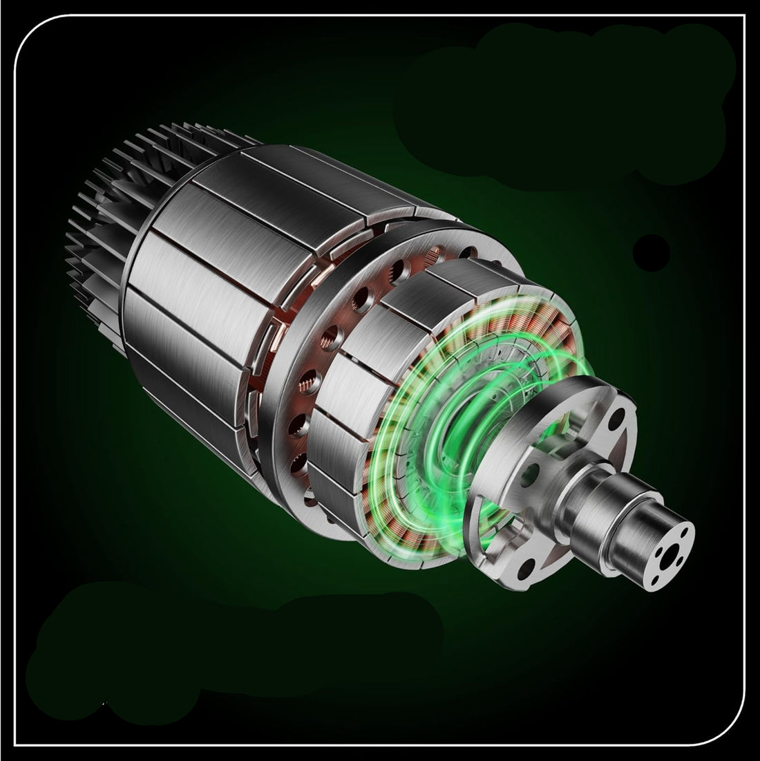 Brushless motor with text highlighting its benefits on a dark background