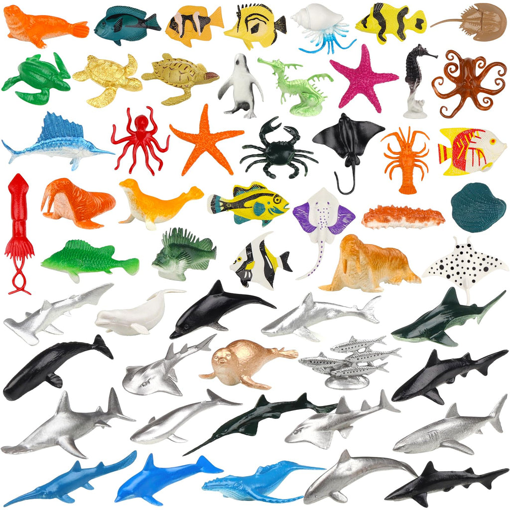 54 Pack Assorted Mini Vinyl Plastic Ocean Sea Animal Figures Toy Set, Realistic Under The Sea Life Figure Bath Gift for Child Educational Kids Party Cake Cupcake Topper