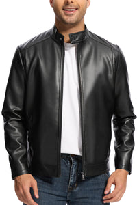 Fahsyee Leather Jacket Men Lightweight Motorcycle Jackets Men's Stand Collar Bomber Coat with Pockets and Zip
