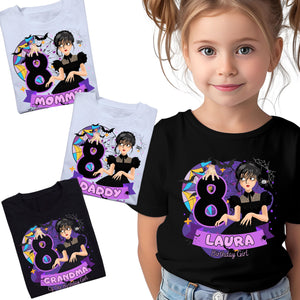 Merlina Birthday t-Shirt, Merlina Theme for Party, Wed. Personalized t-Shirt with Age and Name, Birthday Girl White
